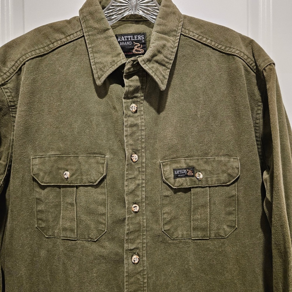 Rattlers Brand Button Down Mens XL Green Canvas Utility Shirt Made in USA Rugged